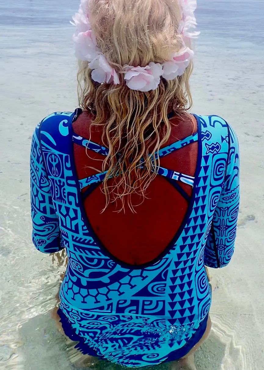 Womens Long-Sleeve Coolie-Kini ~ Ta'haha Print - Espresso / Aqua